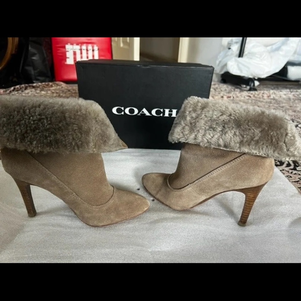 Coach Taupe Adelina Suede Shearling Lined Booties, Size 5.5, Pre-Owned